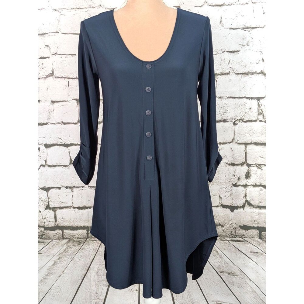 SYMPLI Navy Blue Popover Tunic Long Length Stretch Knit Jersey Minimalist Size 6